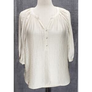 H&M Cream Oversized Blouse M Shirred Split Neck Balloon Sleeve Lightweight Top